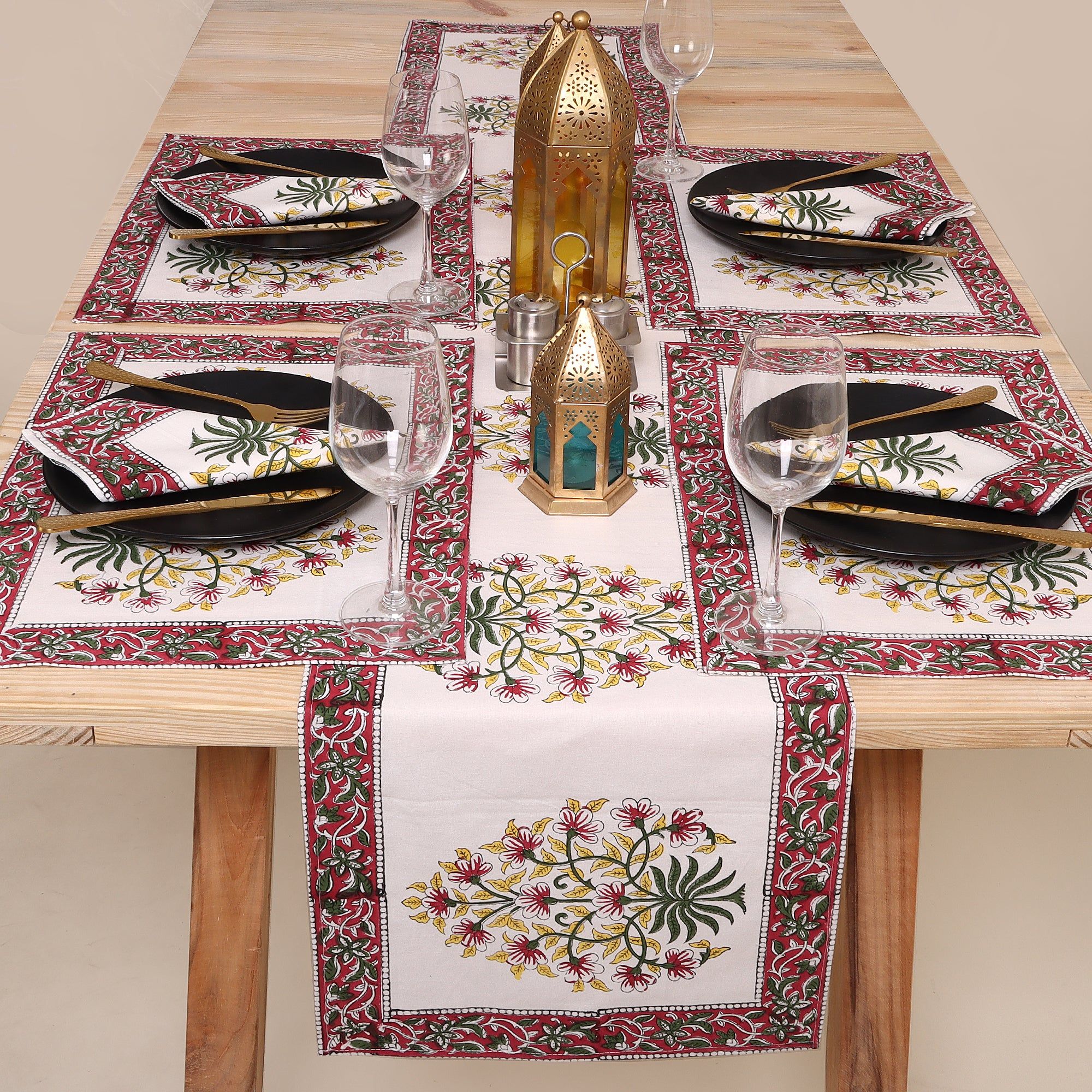 Hand Block Floral Printed Cotton Center Table Runner